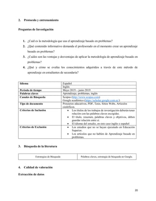 20
2. Protocolo y entrenamiento
Preguntas de Investigación
1. ¿Cuál es la metodología que usa el aprendizaje basado en problemas?
2. ¿Qué contenido informativo demanda el profesorado en el momento crear un aprendizaje
basado en problemas?
3. ¿Cuáles son las ventajas y desventajas de aplicar la metodología de aprendizaje basado en
problemas?
4. ¿Qué y cómo se evalúa los conocimientos adquiridos a través de este método de
aprendizaje en estudiantes de secundaria?
Idioma Español
Inglés
Período de tiempo Mayo 2019 – junio 2019
Palabras claves Aprendizaje, problemas, inglés
Canales de Búsqueda Scopus (http://www.scopus.com)
Google académico (https://scholar.google.com.ec/)
Tipo de documento Proyectos educativos, PDF, Tesis, Sitios Webs, Artículos
científicos.
Criterios de Inclusión  Los títulos de los trabajos de investigación deberán tener
relación con las palabras claves escogidas.
 El título, resumen, palabras claves y objetivos, deben
guardar relación entre sí.
 El idioma del estudio, en este caso inglés o español
Criterios de Exclusión  Los estudios que no se hayan ejecutado en Educación
Superior.
 Los artículos que no hablen de Aprendizaje basado en
problemas.
3. Búsqueda de la literatura
Estrategias de Búsqueda Palabras claves, estrategia de búsqueda en Google.
4. Calidad de valoración
Extracción de datos
 