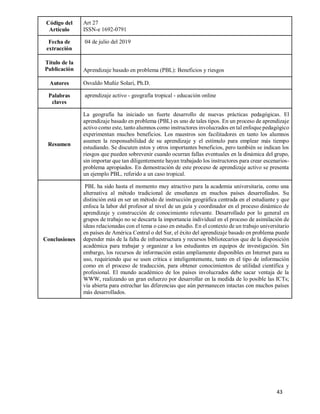 43
Código del
Artículo
Art 27
ISSN-e 1692-0791
Fecha de
extracción
04 de julio del 2019
Título de la
Publicación Aprendizaje basado en problema (PBL): Beneficios y riesgos
Autores Osvaldo Muñiz Solari, Ph.D.
Palabras
claves
aprendizaje activo - geografía tropical - educación online
Resumen
La geografía ha iniciado un fuerte desarrollo de nuevas prácticas pedagógicas. El
aprendizaje basado en problema (PBL) es uno de tales tipos. En un proceso de aprendizaje
activo como este, tanto alumnos como instructores involucrados en tal enfoque pedagógico
experimentan muchos beneficios. Los maestros son facilitadores en tanto los alumnos
asumen la responsabilidad de su aprendizaje y el estímulo para emplear más tiempo
estudiando. Se discuten estos y otros importantes beneficios, pero también se indican los
riesgos que pueden sobrevenir cuando ocurran fallas eventuales en la dinámica del grupo,
sin importar que tan diligentemente hayan trabajado los instructores para crear escenarios-
problema apropiados. En demostración de este proceso de aprendizaje activo se presenta
un ejemplo PBL, referido a un caso tropical.
Conclusiones
PBL ha sido hasta el momento muy atractivo para la academia universitaria, como una
alternativa al método tradicional de enseñanza en muchos países desarrollados. Su
distinción está en ser un método de instrucción geográfica centrada en el estudiante y que
enfoca la labor del profesor al nivel de un guía y coordinador en el proceso dinámico de
aprendizaje y construcción de conocimiento relevante. Desarrollado por lo general en
grupos de trabajo no se descarta la importancia individual en el proceso de asimilación de
ideas relacionadas con el tema o caso en estudio. En el contexto de un trabajo universitario
en países de América Central o del Sur, el éxito del aprendizaje basado en problema puede
depender más de la falta de infraestructura y recursos bibliotecarios que de la disposición
académica para trabajar y organizar a los estudiantes en equipos de investigación. Sin
embargo, los recursos de información están ampliamente disponibles en Internet para su
uso, requiriendo que se usen crítica e inteligentemente, tanto en el tipo de información
como en el proceso de traducción, para obtener conocimientos de utilidad científica y
profesional. El mundo académico de los países involucrados debe sacar ventaja de la
WWW, realizando un gran esfuerzo por desarrollar en la medida de lo posible las ICTs;
vía abierta para estrechar las diferencias que aún permanecen intactas con muchos países
más desarrollados.
 