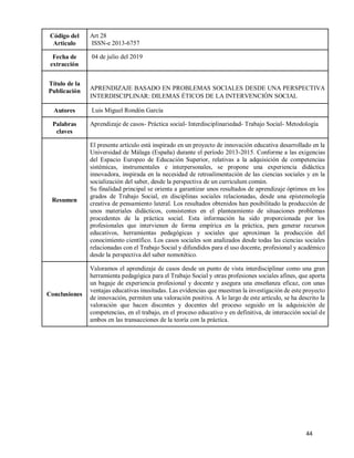 44
Código del
Artículo
Art 28
ISSN-e 2013-6757
Fecha de
extracción
04 de julio del 2019
Título de la
Publicación APRENDIZAJE BASADO EN PROBLEMAS SOCIALES DESDE UNA PERSPECTIVA
INTERDISCIPLINAR: DILEMAS ÉTICOS DE LA INTERVENCIÓN SOCIAL
Autores Luis Miguel Rondón García
Palabras
claves
Aprendizaje de casos- Práctica social- Interdisciplinariedad- Trabajo Social- Metodología
Resumen
El presente artículo está inspirado en un proyecto de innovación educativa desarrollado en la
Universidad de Málaga (España) durante el período 2013-2015. Conforme a las exigencias
del Espacio Europeo de Educación Superior, relativas a la adquisición de competencias
sistémicas, instrumentales e interpersonales, se propone una experiencia didáctica
innovadora, inspirada en la necesidad de retroalimentación de las ciencias sociales y en la
socialización del saber, desde la perspectiva de un curriculum común.
Su finalidad principal se orienta a garantizar unos resultados de aprendizaje óptimos en los
grados de Trabajo Social, en disciplinas sociales relacionadas, desde una epistemología
creativa de pensamiento lateral. Los resultados obtenidos han posibilitado la producción de
unos materiales didácticos, consistentes en el planteamiento de situaciones problemas
procedentes de la práctica social. Esta información ha sido proporcionada por los
profesionales que intervienen de forma empírica en la práctica, para generar recursos
educativos, herramientas pedagógicas y sociales que aproximan la producción del
conocimiento científico. Los casos sociales son analizados desde todas las ciencias sociales
relacionadas con el Trabajo Social y difundidos para el uso docente, profesional y académico
desde la perspectiva del saber nomotético.
Conclusiones
Valoramos el aprendizaje de casos desde un punto de vista interdisciplinar como una gran
herramienta pedagógica para el Trabajo Social y otras profesiones sociales afines, que aporta
un bagaje de experiencia profesional y docente y asegura una enseñanza eficaz, con unas
ventajas educativas inusitadas. Las evidencias que muestran la investigación de este proyecto
de innovación, permiten una valoración positiva. A lo largo de este artículo, se ha descrito la
valoración que hacen discentes y docentes del proceso seguido en la adquisición de
competencias, en el trabajo, en el proceso educativo y en definitiva, de interacción social de
ambos en las transacciones de la teoría con la práctica.
 