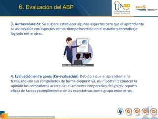 3. Autoevaluación: Se sugiere establecer algunos aspectos para que el aprendiente
se autoevalúe con aspectos como: tiempo invertido en el estudio y aprendizaje
logrado entre otros.
4. Evaluación entre pares (Co-evaluación). Debido a que el aprendiente ha
trabajado con sus compañeros de forma cooperativa, es importante conocer la
opinión los compañeros acerca de: el ambiente cooperativo del grupo, reparto
eficaz de tareas y cumplimiento de las expectativas como grupo entre otros.
6. Evaluación del ABP
 