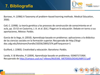 7. Bibliografía
Barrows, H. (1986) A Taxonomy of problem–based learning methods. Medical Education,
20(6).
Coll, C. (1998). La teoría genética y los procesos de construcción de conocimiento en el
aula, pp. 15-52 en Castorina, J. A. et al. (Ed.). Piaget en la educación. Debate en torno a sus
aportaciones, México: Paidós.
García de la Vega, A. (2010). Aprendizaje basado en problemas: aplicaciones a la didáctica
de las ciencias sociales en la formación superior. Recuperado de http://dugi-
doc.udg.edu/bitstream/handle/10256/2893/374.pdf?sequence=1
Guilford, J. (1983). Creatividad y educación. Barcelona: Paidós.
Landa, V. & Morales, P. (2004). Aprendizaje basado en problemas. ISSN0717196X.
Recuperado de http://campus.usal.es/~ofeees/NUEVAS_METODOLOGIAS/ABP/13.pdf
 