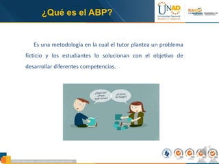 Es una metodología en la cual el tutor plantea un problema
ficticio y los estudiantes lo solucionan con el objetivo de
desarrollar diferentes competencias.
¿Qué es el ABP?
 