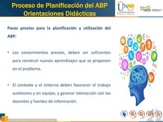 96,28%
Proceso de Planificación del ABP
Orientaciones Didácticas
Pasos previos para la planificación y utilización del
ABP:
• Los conocimientos previos, deben ser suficientes
para construir nuevos aprendizajes que se proponen
en el problema.
• El contexto y el entorno deben favorecer el trabajo
autónomo y en equipo, y generar interacción con los
docentes y fuentes de información.
 