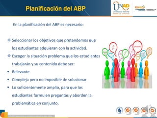 96,28%
Planificación del ABP
En la planificación del ABP es necesario:
 Seleccionar los objetivos que pretendemos que
los estudiantes adquieran con la actividad.
 Escoger la situación problema que los estudiantes
trabajarán y su contenido debe ser:
 Relevante
 Compleja pero no imposible de solucionar
 Lo suficientemente amplio, para que los
estudiantes formulen preguntas y aborden la
problemática en conjunto.
 