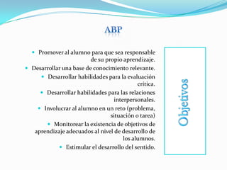 AbPObjetivosPromover al alumno para que sea responsable de su propio aprendizaje.Desarrollar una base de conocimiento relevante.Desarrollar habilidades para la evaluación crítica.Desarrollar habilidades para las relaciones interpersonales.Involucrar al alumno en un reto (problema, situación o tarea) Monitorear la existencia de objetivos de aprendizaje adecuados al nivel de desarrollo de los alumnos.Estimular el desarrollo del sentido.
