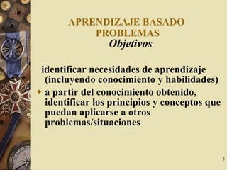 APRENDIZAJE BASADO  PROBLEMAS Objetivos identificar necesidades de aprendizaje (incluyendo conocimiento y habilidades) a partir del conocimiento obtenido, identificar los principios y conceptos que puedan aplicarse a otros problemas/situaciones 