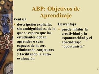 ABP: Objetivos de Aprendizaje Ventaja descripción explícita, sin ambiguidades, de lo que se espera que los estudiantes deban aprender o sean capaces de hacer, eliminando conjeturas y facilitando la auto-evaluación Desventaja puede inhibir la creatividad y la espontaneidad y el aprendizaje “oportunista” 