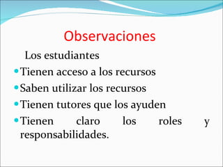 Observaciones  Los estudiantes  Tienen acceso a los recursos Saben utilizar los recursos Tienen tutores que los ayuden  Tienen claro los roles y responsabilidades.  