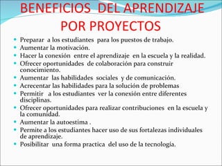 BENEFICIOS  DEL APRENDIZAJE POR PROYECTOS  Preparar  a los estudiantes  para los puestos de trabajo. Aumentar la motivación. Hacer la conexión  entre el aprendizaje  en la escuela y la realidad. Ofrecer oportunidades  de colaboración para construir conocimiento.  Aumentar  las habilidades  sociales  y de comunicación. Acrecentar las habilidades para la solución de problemas  Permitir  a los estudiantes  ver la conexión entre diferentes disciplinas. Ofrecer oportunidades para realizar contribuciones  en la escuela y la comunidad.  Aumentar la autoestima . Permite a los estudiantes hacer uso de sus fortalezas individuales  de aprendizaje. Posibilitar  una forma practica  del uso de la tecnología.  
