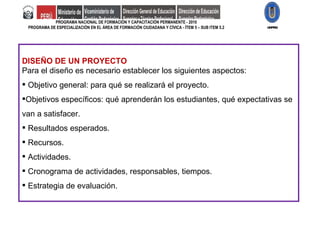 PROGRAMA NACIONAL DE FORMACIÓN Y CAPACITACIÓN PERMANENTE - 2010 PROGRAMA DE ESPECIALIZACIÓN EN EL ÁREA DE FORMACIÓN CIUDADANA Y CÍVICA - ÍTEM 5 – SUB ITEM 5.2 DISEÑO DE UN PROYECTO Para el diseño es necesario establecer los siguientes aspectos: Objetivo general: para qué se realizará el proyecto. Objetivos específicos: qué aprenderán los estudiantes, qué expectativas se van a satisfacer. Resultados esperados. Recursos. Actividades. Cronograma de actividades, responsables, tiempos. Estrategia de evaluación. UNPRG 