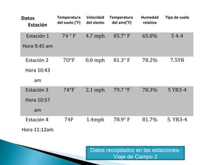 Datos
Estación
Temperatura
del suelo (°F)
Velocidad
del viento
Temperatura
del aire(°F)
Humedad
relativa
Tipo de suelo
Estación 1
Hora 9:45 am
74 ° F 4.7 mph 85.7° F 65.8% 5 4-4
Estación 2
Hora 10:43
am
7O°F 0.0 mph 81.3° F 78.2% 7.5YR
Estación 3
Hora 10:57
am
74°F 2.1 mph 79.7 °F 78.3% 5 YR3-4
Estación 4
Hora 11:12am
74F 1.4mph 78.9° F 81.7% 5. YR3-4
Datos recopilados en las estaciones-
Viaje de Campo 2
 