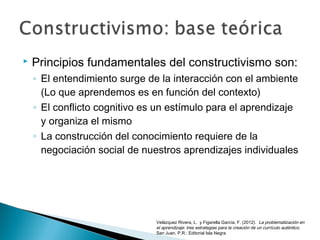  Principios fundamentales del constructivismo son:
◦ El entendimiento surge de la interacción con el ambiente
(Lo que aprendemos es en función del contexto)
◦ El conflicto cognitivo es un estímulo para el aprendizaje
y organiza el mismo
◦ La construcción del conocimiento requiere de la
negociación social de nuestros aprendizajes individuales
Velázquez Rivera, L. y Figarella García, F. (2012). La problematización en
el aprendizaje: tres estrategias para la creación de un currículo auténtico.
San Juan, P.R.: Editorial Isla Negra
 