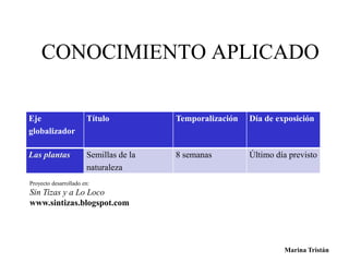 CONOCIMIENTO APLICADO 
Eje 
globalizador 
Título Temporalización Día de exposición 
Las plantas Semillas de la 
naturaleza 
8 semanas Último día previsto 
Marina Tristán 
Proyecto desarrollado en: 
Sin Tizas y a Lo Loco 
www.sintizas.blogspot.com 
 
