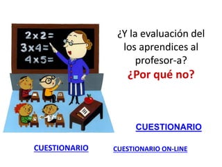 ¿Y la evaluación del
los aprendices al
profesor-a?
¿Por qué no?
CUESTIONARIO
CUESTIONARIO CUESTIONARIO ON-LINE
 