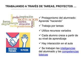 TRABAJANDO A TRAVÉS DE TAREAS, PROYECTOS …
 Protagonismo del alumnado:
Aprende “haciendo”
 Trabaja por tareas
 Utiliza recursos variados
 Cada alumno crece a partir de
su nivel de aprendizaje
 Hay interacción en el aula
 Se trabajan las inteligencias
del alumnado y las competencias
básicas
 