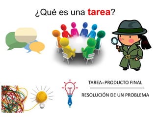 ¿Qué es una tarea?
TAREA=PRODUCTO FINAL
RESOLUCIÓN DE UN PROBLEMA
 