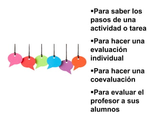 Para saber los
pasos de una
actividad o tarea
Para hacer una
evaluación
individual
Para hacer una
coevaluación
Para evaluar el
profesor a sus
alumnos
 