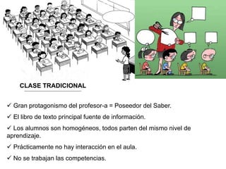 CLASE TRADICIONAL
 Gran protagonismo del profesor-a = Poseedor del Saber.
 El libro de texto principal fuente de información.
 Los alumnos son homogéneos, todos parten del mismo nivel de
aprendizaje.
 Prácticamente no hay interacción en el aula.
 No se trabajan las competencias.
 