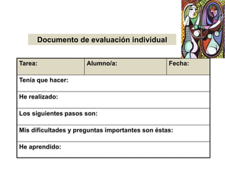 Documento de evaluación individual
Tarea: Alumno/a: Fecha:
Tenía que hacer:
He realizado:
Los siguientes pasos son:
Mis dificultades y preguntas importantes son éstas:
He aprendido:
 