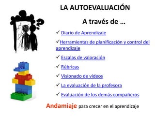 LA AUTOEVALUACIÓN
A través de …
 Diario de Aprendizaje
Herramientas de planificación y control del
aprendizaje
 Escalas de valoración
 Rúbricas
 Visionado de vídeos
 La evaluación de la profesora
 Evaluación de los demás compañeros
Andamiaje para crecer en el aprendizaje
 