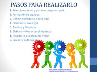 PASOS PARA REALIZARLO
1. Seleccionar tema y plantear pregunta guía.
2. Formación de equipos.
3. Definir el producto o reto final
4. Planificar e investigar.
5. Analizar y Sintetizar
7. Elaborar y Presentar el Producto
8. Respuesta a la pregunta inicial
9. Evaluar y autoevaluar.
https://blogs.upcomillas.es/fei/wp-
content/uploads/sites/7/2016/08/demos.jpg
 