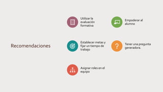 Recomendaciones
Utilizar la
evaluación
formativa
Empoderar al
alumno
Establecer metas y
fijar un tiempo de
trabajo
Tener una pregunta
generadora.
Asignar roles en el
equipo
 