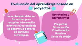 Evaluación del aprendizaje basado en
proyectos
La evaluación debe ser
formativa para
recopilar información
mientras el aprendizaje
se desarrolla a través
de distintas
estrategias.
To-do!
Estrategias y
herramientas
Preguntas
Observación
Cuestionarios
Rubricas
Listas de cotejo
 