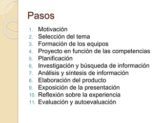 Pasos
1. Motivación
2. Selección del tema
3. Formación de los equipos
4. Proyecto en función de las competencias
5. Planificación
6. Investigación y búsqueda de información
7. Análisis y síntesis de información
8. Elaboración del producto
9. Exposición de la presentación
10. Reflexión sobre la experiencia
11. Evaluación y autoevaluación