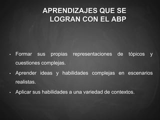 APRENDIZAJES QUE SE
LOGRAN CON EL ABP
• Formar sus propias representaciones de tópicos y
cuestiones complejas.
• Aprender ideas y habilidades complejas en escenarios
realistas.
• Aplicar sus habilidades a una variedad de contextos.
 