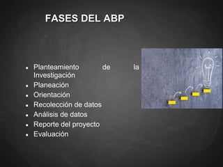 FASES DEL ABP
● Planteamiento de la
Investigación
● Planeación
● Orientación
● Recolección de datos
● Análisis de datos
● Reporte del proyecto
● Evaluación
 
