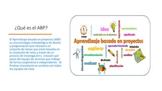 ¿Qué es el ABP?
El Aprendizaje basado en proyectos (ABP)
es una estrategia metodológica de diseño
y programación que incorpora un
conjunto de tareas que están basadas en
la resolución de retos a través de un
proceso de investigación y creación por
parte del equipo de alumnos que trabaja
de forma cooperativa e independiente. Al
finalizar el producto se socializa con todos
los equipos de clase.
 