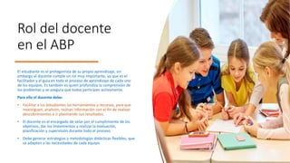Rol del docente
en el ABP
El estudiante es el protagonista de su propio aprendizaje, sin
embargo el docente cumple un rol muy importante, ya que es el
facilitador y el guía en todo el proceso de aprendizaje de cada uno
de los equipos. Es también es quien profundiza la comprensión de
los problemas y se asegura que todos participen activamente.
Para ello el docente debe:
• Facilitar a los estudiantes las herramientas y recursos, para que
investiguen, analicen, reúnan información con el fin de realizar
descubrimientos e ir plasmando sus resultados.
• El docente es el encargado de velar por el cumplimiento de los
objetivos, dar los lineamientos y realizar la evaluación,
planificación y supervisión durante todo el proceso.
• Debe generar estrategias y metodologías didácticas flexibles, que
se adapten a las necesidades de cada equipo
 
