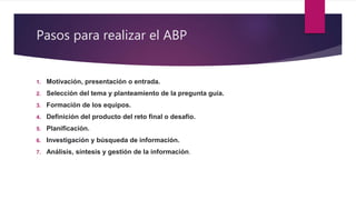 Pasos para realizar el ABP
1. Motivación, presentación o entrada.
2. Selección del tema y planteamiento de la pregunta guía.
3. Formación de los equipos.
4. Definición del producto del reto final o desafío.
5. Planificación.
6. Investigación y búsqueda de información.
7. Análisis, síntesis y gestión de la información.
 