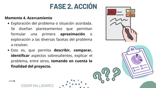 FASE2.ACCIÓN
Exploración del problema o situación acordada.
Se diseñan planteamientos que permitan
formular una primera aproximación o
exploración a las diversas facetas del problema
a resolver.
Esto es, que permita describir, comparar,
identificar aspectos sobresalientes, explicar el
problema, entre otros, tomando en cuenta la
finalidad del proyecto.
Momento 4. Acercamiento
EDGAR VALLADARES
 
