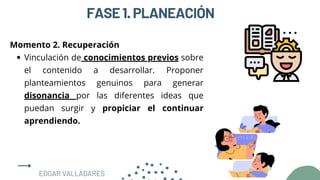 FASE1.PLANEACIÓN
Vinculación de conocimientos previos sobre
el contenido a desarrollar. Proponer
planteamientos genuinos para generar
disonancia por las diferentes ideas que
puedan surgir y propiciar el continuar
aprendiendo.
Momento 2. Recuperación
EDGAR VALLADARES
 