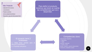 32
Para definir el producto
tenemos que tener en cuenta
las competencias que va a
desarrollar.
Competencias clave:
Comunicación lingüística.
C. Matemática
C. Digital.
Aprender a aprender.
C. Social y cívica
Sentido iniciativa y espíritu emprendedor.
Conciencia y expresión cultural.
El proyecto tiene 2
finalidades:
1.- Debe tener sentido para el
alumno importante.
2.- Propósito educativo.
 