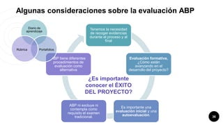 Algunas consideraciones sobre la evaluación ABP
36
Tenemos la necesidad
de recoger evidencias
durante el proceso y al
final
Evaluación formativa,
¿Cómo están
avanzando en el
desarrollo del proyecto?
Es importante una
evaluación inicial y una
autoevaluación.
ABP ni excluye ni
contempla como
requisito el examen
tradicional.
ABP tiene diferentes
procedimientos de
evaluación como
alternativa
Diario de
aprendizaje
Portafolios
Rúbrica
¿Es importante
conocer el ÉXITO
DEL PROYECTO?
 