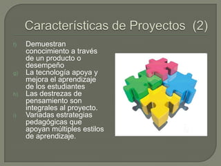 Características de Proyectos  (2)Demuestran conocimiento a través de un producto o desempeñoLa tecnología apoya y mejora el aprendizaje de los estudiantesLas destrezas de pensamiento son integrales al proyecto.Variadas estrategias pedagógicas que apoyan múltiples estilos de aprendizaje.