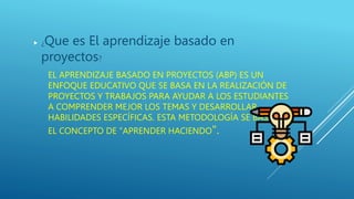 EL APRENDIZAJE BASADO EN PROYECTOS (ABP) ES UN
ENFOQUE EDUCATIVO QUE SE BASA EN LA REALIZACIÓN DE
PROYECTOS Y TRABAJOS PARA AYUDAR A LOS ESTUDIANTES
A COMPRENDER MEJOR LOS TEMAS Y DESARROLLAR
HABILIDADES ESPECÍFICAS. ESTA METODOLOGÍA SE BASA EN
EL CONCEPTO DE "APRENDER HACIENDO".
 ¿Que es El aprendizaje basado en
proyectos?
 