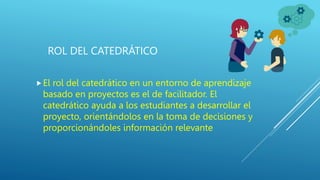 ROL DEL CATEDRÁTICO
El rol del catedrático en un entorno de aprendizaje
basado en proyectos es el de facilitador. El
catedrático ayuda a los estudiantes a desarrollar el
proyecto, orientándolos en la toma de decisiones y
proporcionándoles información relevante
 