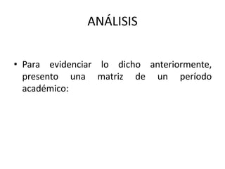 ANÁLISIS
• Para evidenciar lo dicho anteriormente,
presento una matriz de un período
académico:
 