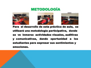 METODOLOGÍA
Para el desarrollo de esta práctica de aula, se
utilizará una metodología participativa, donde
se ve inmerso actividades visuales, auditivas
y comunicativas, dando oportunidad a los
estudiantes para expresar sus sentimientos y
emociones.
 