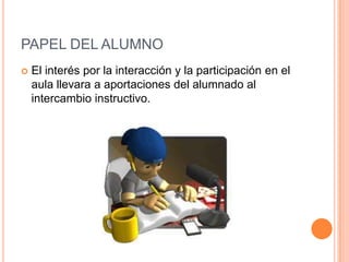 PAPEL DEL ALUMNO
   El interés por la interacción y la participación en el
    aula llevara a aportaciones del alumnado al
    intercambio instructivo.
 