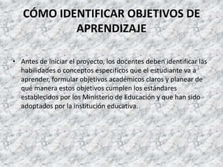 CÓMO IDENTIFICAR OBJETIVOS DE APRENDIZAJE Antes de iniciar el proyecto, los docentes deben identificar las habilidades o conceptos específicos que el estudiante va a aprender, formular objetivos académicos claros y planear de qué manera estos objetivos cumplen los estándares establecidos por los Ministerio de Educación y que han sido adoptados por la institución educativa.