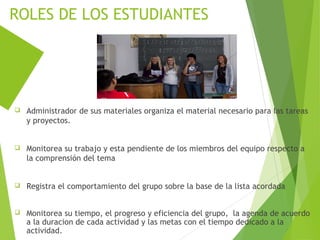  Administrador de sus materiales organiza el material necesario para las tareas
y proyectos.
 Monitorea su trabajo y esta pendiente de los miembros del equipo respecto a
la comprensión del tema
 Registra el comportamiento del grupo sobre la base de la lista acordada
 Monitorea su tiempo, el progreso y eficiencia del grupo, la agenda de acuerdo
a la duracion de cada actividad y las metas con el tiempo dedicado a la
actividad.
ROLES DE LOS ESTUDIANTES
 