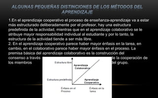 1.En el aprendizaje cooperativo el proceso de enseñanza-aprendizaje va a estar
más estructurado deliberadamente por el profesor, hay una estructura
predefinida de la actividad, mientras que en el aprendizaje colaborativo se le
atribuye mayor responsabilidad individual al estudiante y por lo tanto, la
estructura de la actividad tiende a ser más libre.
2. En el aprendizaje cooperativo parece haber mayor énfasis en la tarea, en
cambio, en el colaborativo parece haber mayor énfasis en el proceso. La
premisa básica del aprendizaje colaborativo es la construcción del
consenso a través                                          de la cooperación de
los miembros                                               del grupo.
 