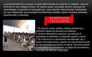 La productividad de un grupo no está determinada por quiénes lo integran, sino por
la forma en que trabajen juntos. En ciertos casos, se puede recurrir a grupos de
aprendizajes cooperativos heterogéneos para enseñar determinadas habilidades
por sus integrantes que proceden de diferentes ámbitos, tienen diversas aptitudes,
experiencias e intereses.




                               1. Se exponen a ideas variadas, múltiples perspectivas y
                               diferentes métodos de resolución de problemas.
                               2. Generan desequilibrios cognitivos, que estimulan el
                               aprendizaje, la creatividad y el desarrollo cognitivo y social.
                               3. Se involucran en un pensamiento más elaborado, dan y
                               reciben más explicaciones y adoptan con más frecuencia puntos
                               de vista personales para discutir el material. Todo esto aumenta
                               la profundidad de la comprensión, la calidad del razonamiento y
                               la precisión de retención a largo plazo.
 