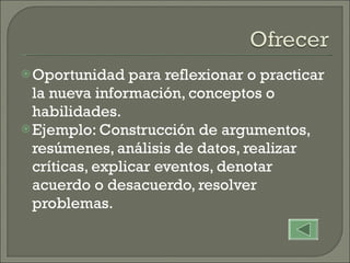 Oportunidad para reflexionar o practicar la nueva información, conceptos o habilidades. Ejemplo: Construcción de argumentos, resúmenes, análisis de datos, realizar críticas, explicar eventos, denotar acuerdo o desacuerdo, resolver problemas. 