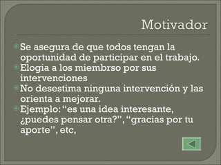 Se asegura de que todos tengan la oportunidad de participar en el trabajo. Elogia a los miembrso por sus intervenciones No desestima ninguna intervención y las orienta a mejorar. Ejemplo: “es una idea interesante, ¿puedes pensar otra?”, “gracias por tu aporte”, etc, 