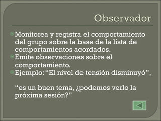 Monitorea y registra el comportamiento del grupo sobre la base de la lista de comportamientos acordados. Emite observaciones sobre el comportamiento. Ejemplo: “El nivel de tensión disminuyó”,  “es un buen tema, ¿podemos verlo la próxima sesión?” 